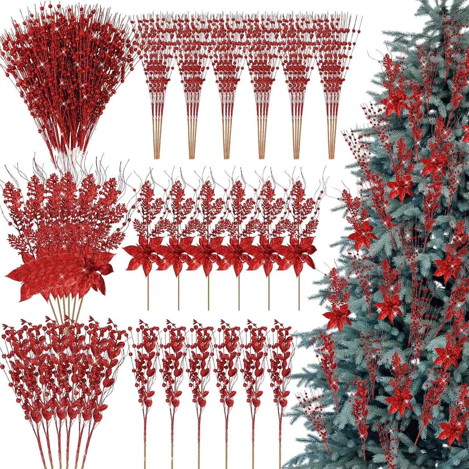 

Упаковка из 36 красных блестящих рождественских елок, стебли искусственных ягод 17 футов для DIY венок и наполнителя вазы