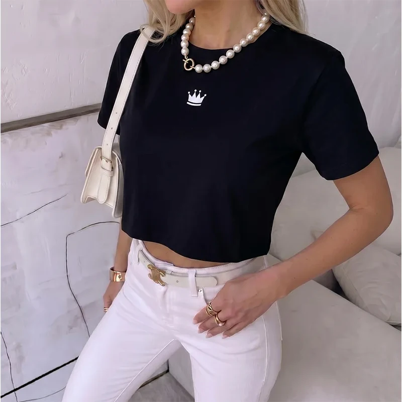 Women's Crew Neck Short Sleeve Cropped T Shirt with Queen Crown Print Girls Vintage Y2k Tshirt 90s Graphic Sexy Crop Tops Femme