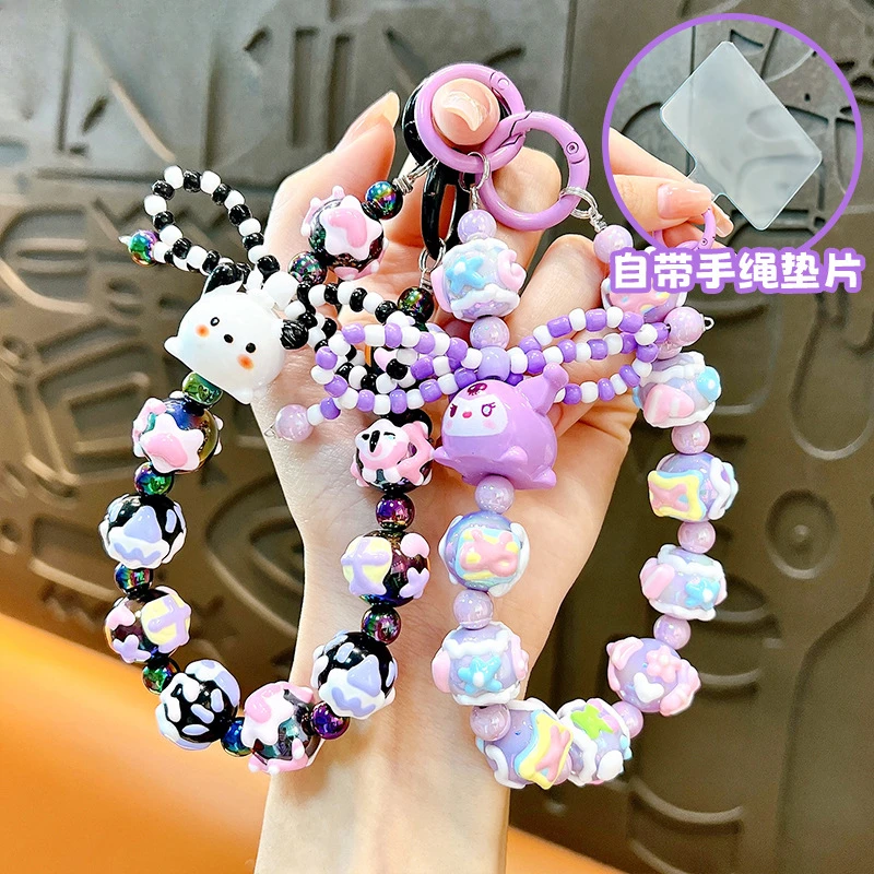 

Kawaii Sanrio Kuromi Phone Chain W/Card Bowknot Beads Melody Cinnamoroll Charm Wrist Strap Pendant Keychain Bag Accessories Gift