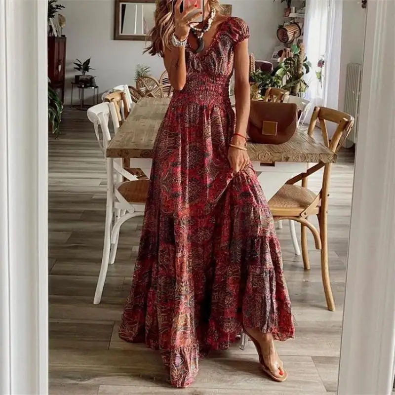 2024 AliExpress Europe and America Plus Size Women's Cross border Summer New Product Bohemian Style Waist Pulling Print Dress