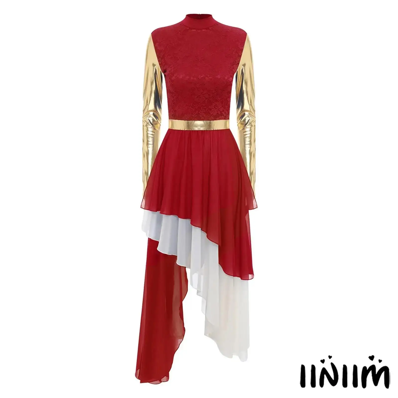 

Womens Long Sleeve Liturgical Praise Dance Dress Metallic Shiny Tiered Irregular Chiffon Hem Dress Modern Dance Stage Shows