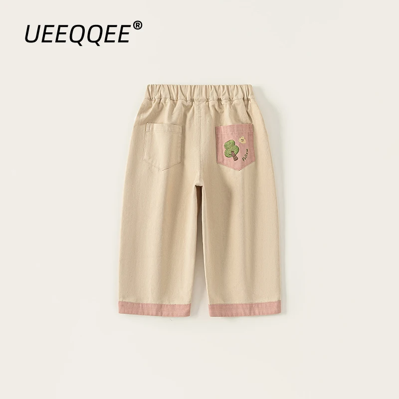 

Spring Autumn Children Pants 1-10Y Girls Cotton Patchwork Embroidery Straight Long Trousers Korean Toddler Wear For Kids Clothes