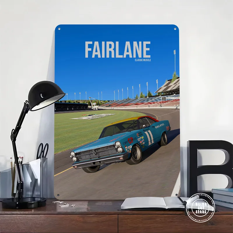 Fairlane Classic Muscle on Racetrack Car Printed Poster Customized Wall Art Retro Vintage Metal Tin Signs for Garage Home Sign