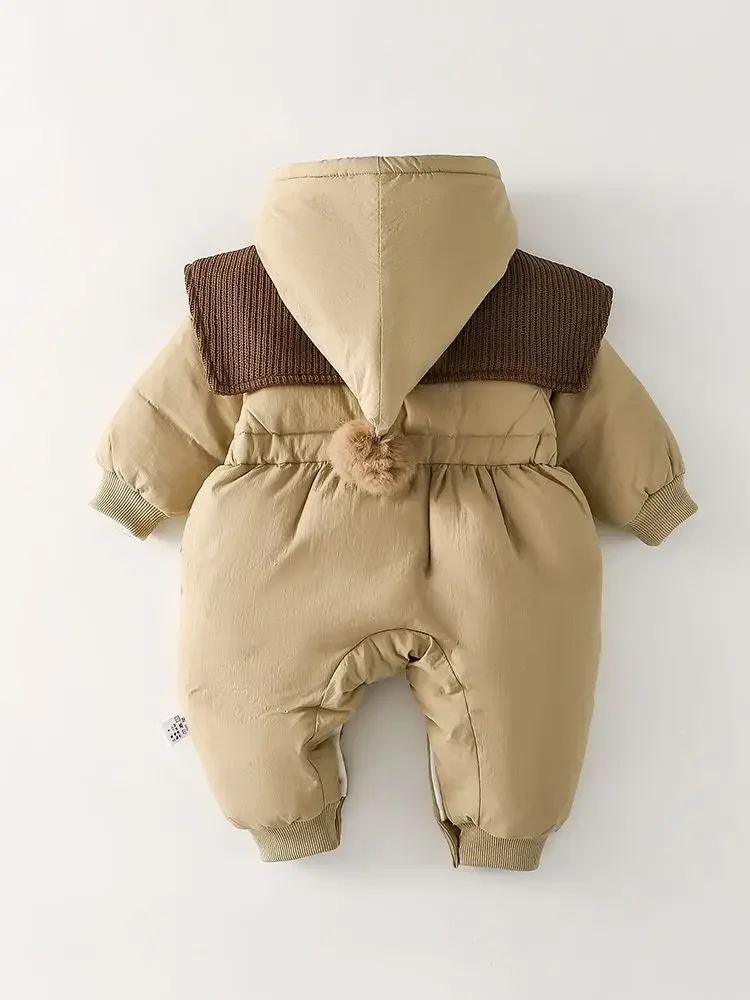 Baby Girls Thick Jumpsuit Winter Cotton Clothes Warm Jacket Cotton Clip New Velvet Cotton Hooded Rompers