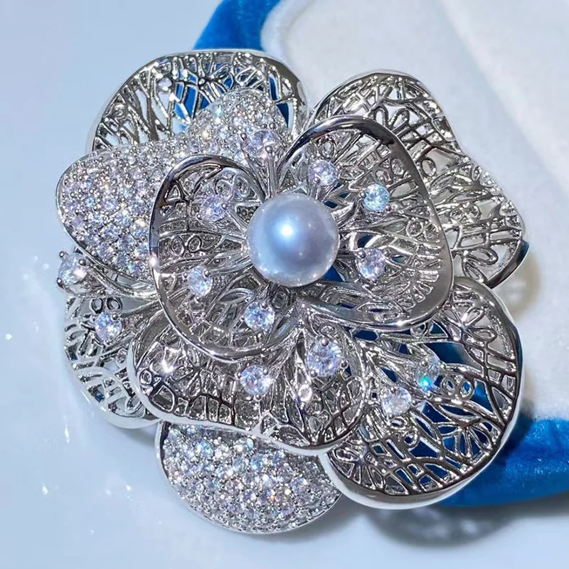 Chinese Style Direct Pearl Micro-Inlay Hollow Camellia High-End Brooch High-End Sense Internet Red Pin Corsage Sense Chest Hanfu