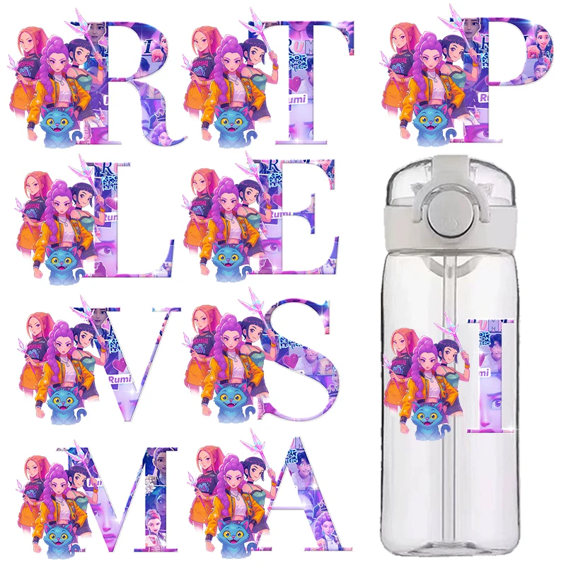 

K Pop Demon Huntersd Cartoon Letter Transfer Sticker UV DTF Stickers Kawaii Water Bottle Lunch Box DIY Waterproof Sticker Gifts