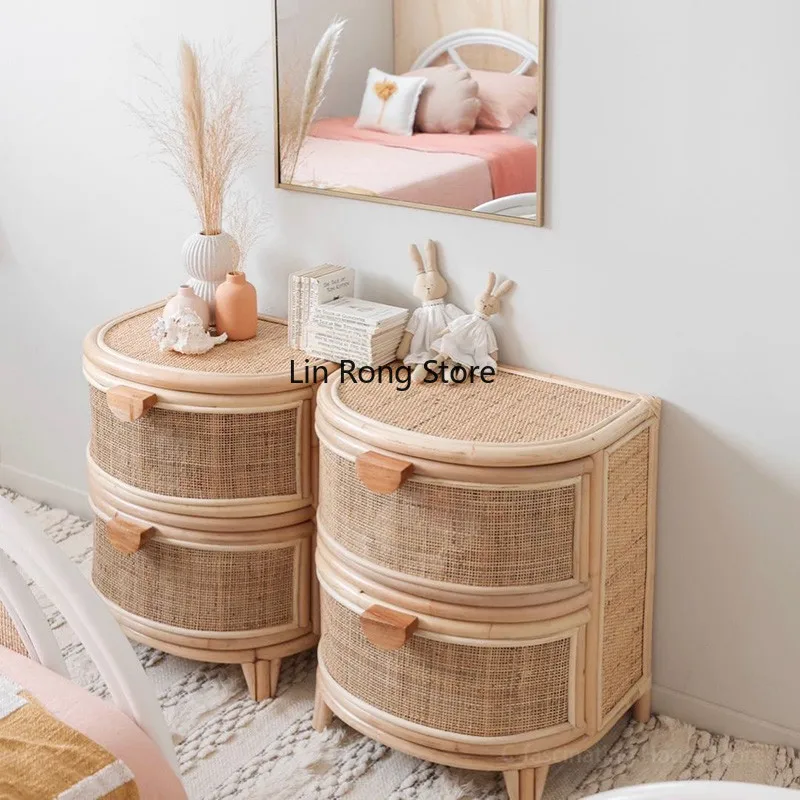 

Japanese-style Rattan Bedside Table Retro Nightstand Wood Bedside Table Locker Bedroom Side Cabinet Bedside Storage Cabinet