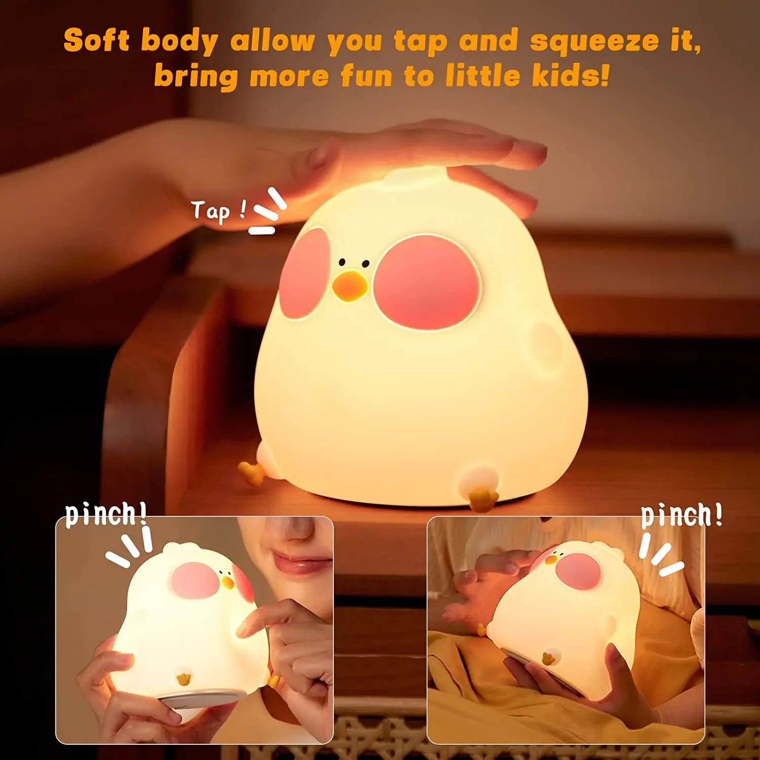 Cartoon Chicken Night Light Cute Baby Children\'s LED Nightlights USB Rechargeable Bedroom Kids Gift Touch Sensor Silicone Lamp