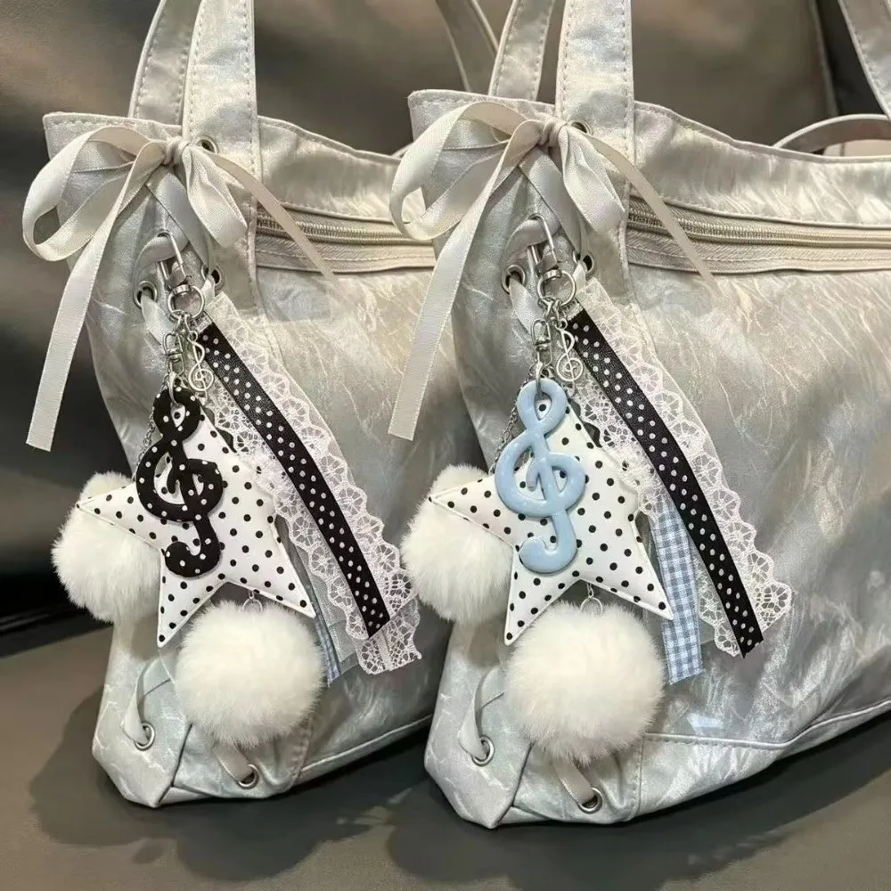 Sweet Polka Dot Star Pendant Keychain Angel Wings Bow Ribbon Bag Charm Music Note Lace Key Ring