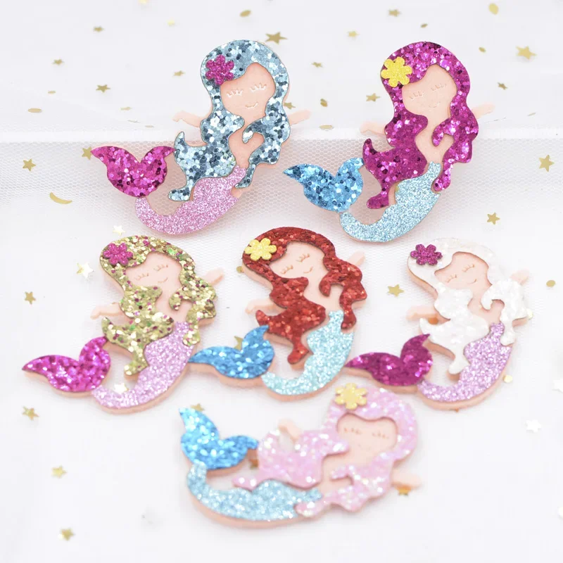 6CM Glitter Fabric Appliques Cartoon Mermaid Nonwoven Padded Patches for Wall Hat Stickers DIY Hair Clips Decor Accessories