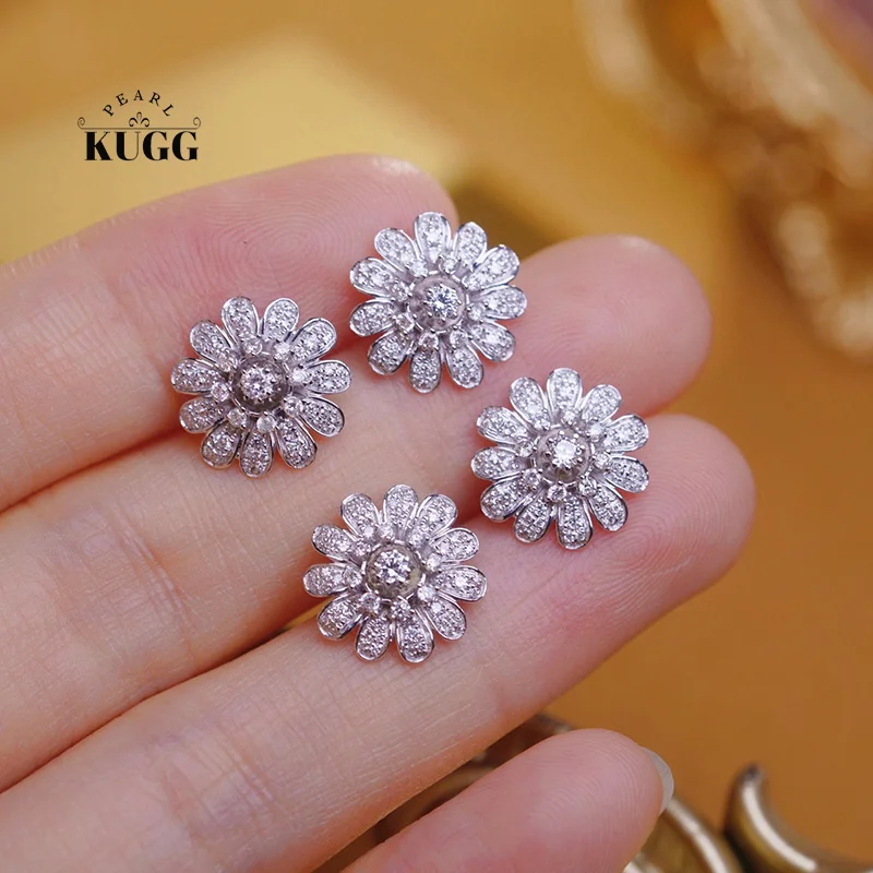 

KUGG 100% 18K White Gold Earrings Romantic Flower Design 0.46carat Real Natural Diamond Stud Earrings for Women Wedding Jewelry