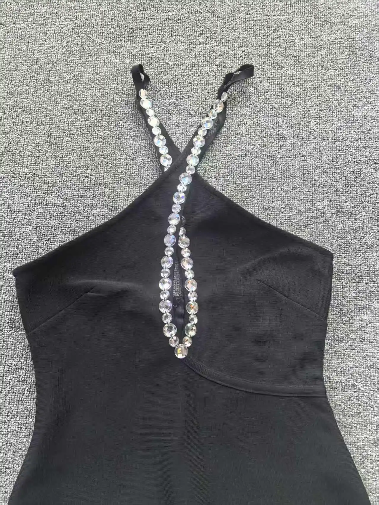 Women's Black Feather Trim Evening Dress Rhinestone Halter Neck Bodycon Party Gown for Prom Night Clubwear