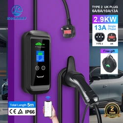 KOLANKY EV Charger 13A 2.9KW Type 2 Charging Wallbox Tuya APP Control Timer Electric Vehicle Hrbrid UK Power Plug Cable 5M