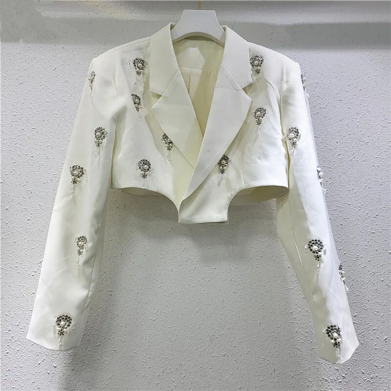 WTHT New Fashion Women's Spliced Diamonds Pearl Slim Blazer 2025 Spring Turn-down Collar Long Sleeves Jacket Female 1LS7100