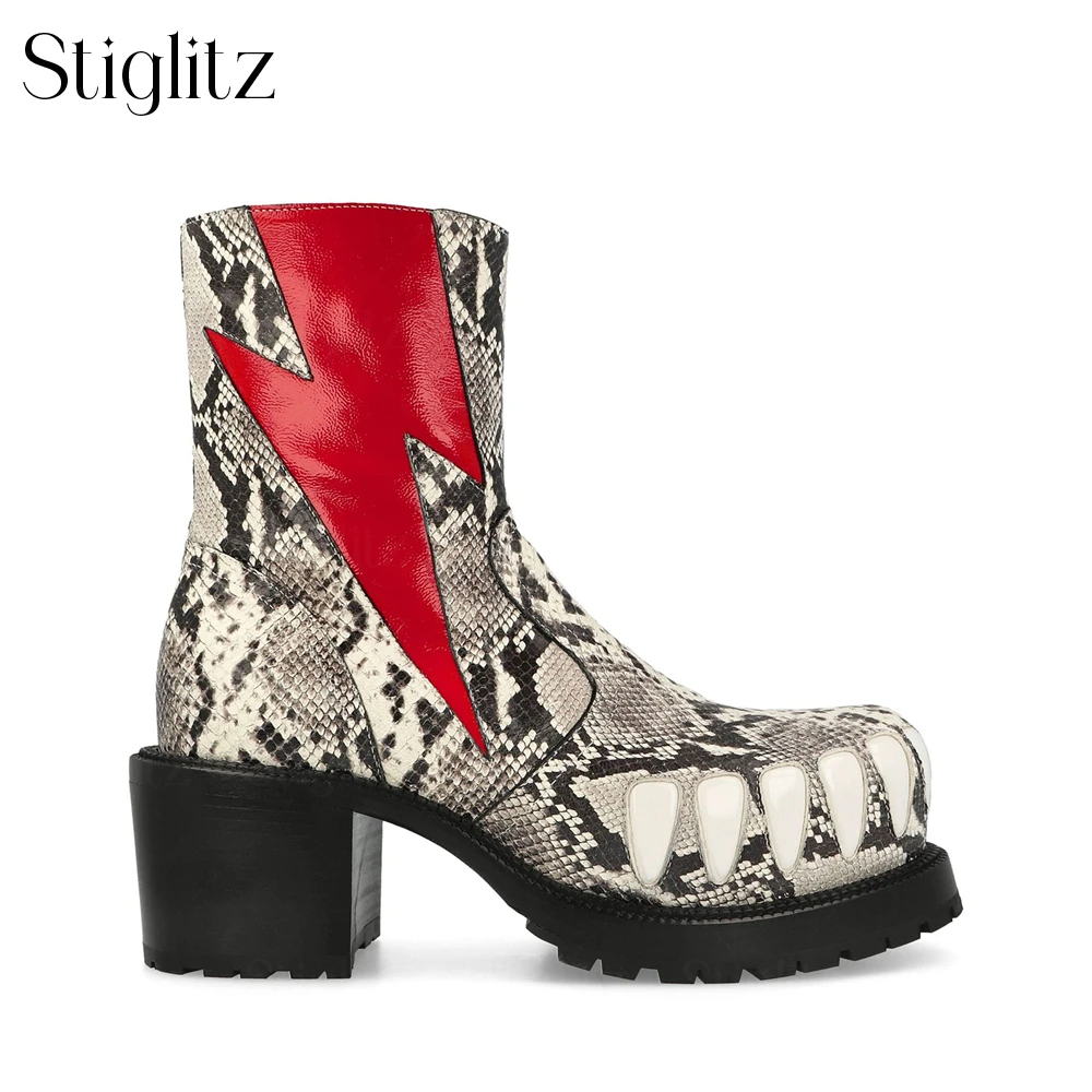 Camel Snake Flame Scarlet Boots Platform Block Heel Ankle Boots Fashion Street Style Graphic Print Genuine Leather Boots for Men