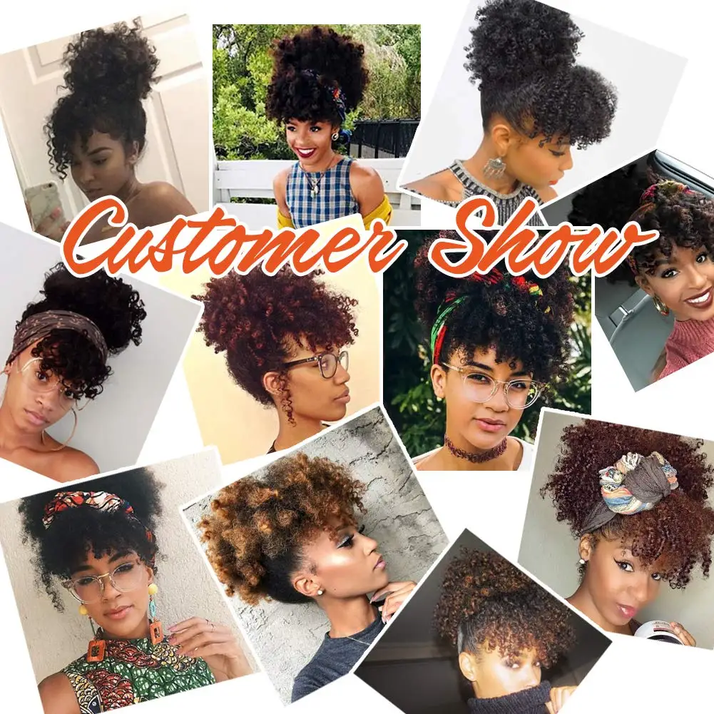 Afro Puff Drawstring Ponytail with Bangs Kinky Curly Hair Clip in Bangs Short Ponytail Hair Extensions Updo Hairpieces for Black