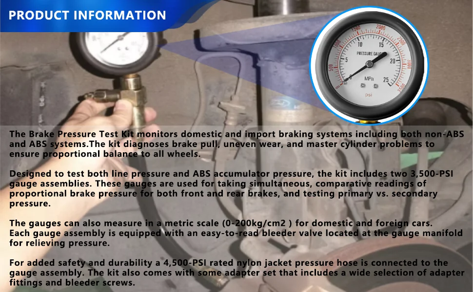 Auto-Bremsflüssigkeitsdruckmesser, Auto-Motor ABS Hydraulikflüssigkeitsdruckmesser-Tester, Bremsanlagen-Prüfstand, 0-3500 PSI Kit – Detail 4