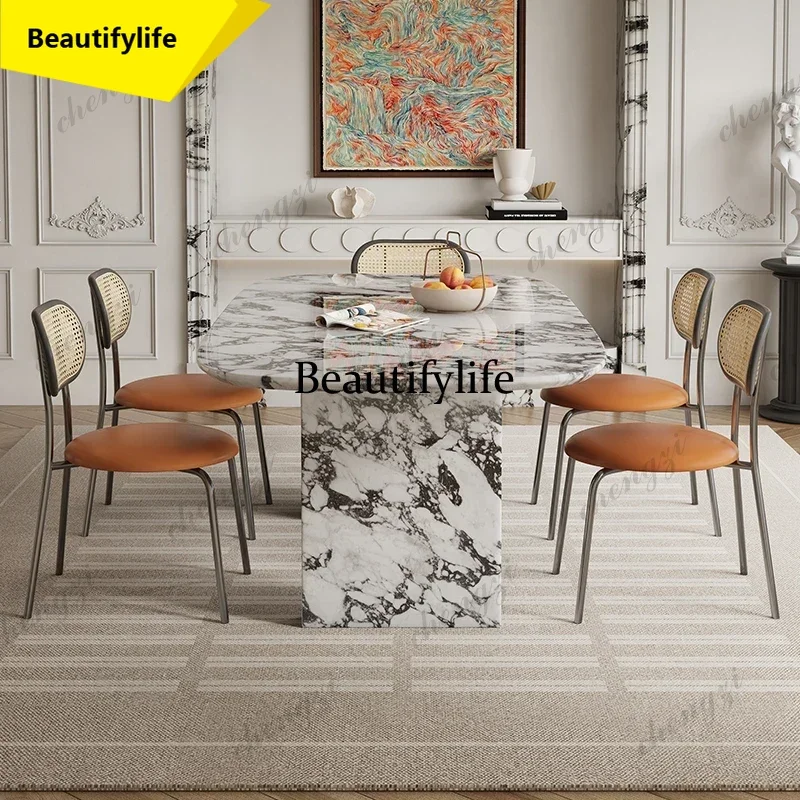 AA45  Any Size Custom Luxury French Rectangle Marble Dining Table Cream Aesthetic Designer Villa Home Natural Stone Dining Table