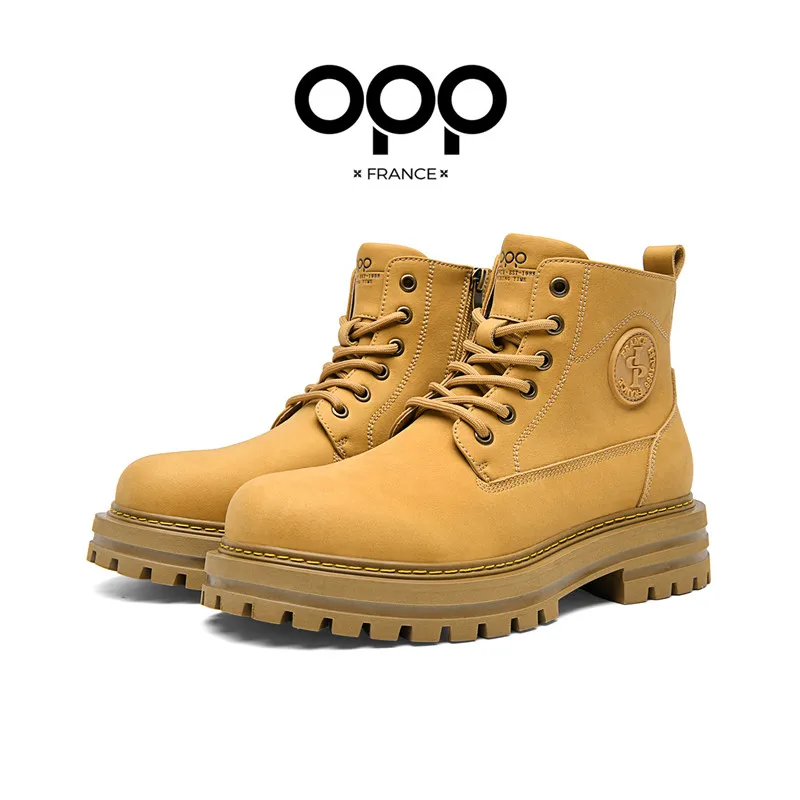 OPP Men High Top Cow Shoes Leather Men's marti boots winter Ankle Boots For Men Hook&loop Shoes Motorcycle Boots Tactic