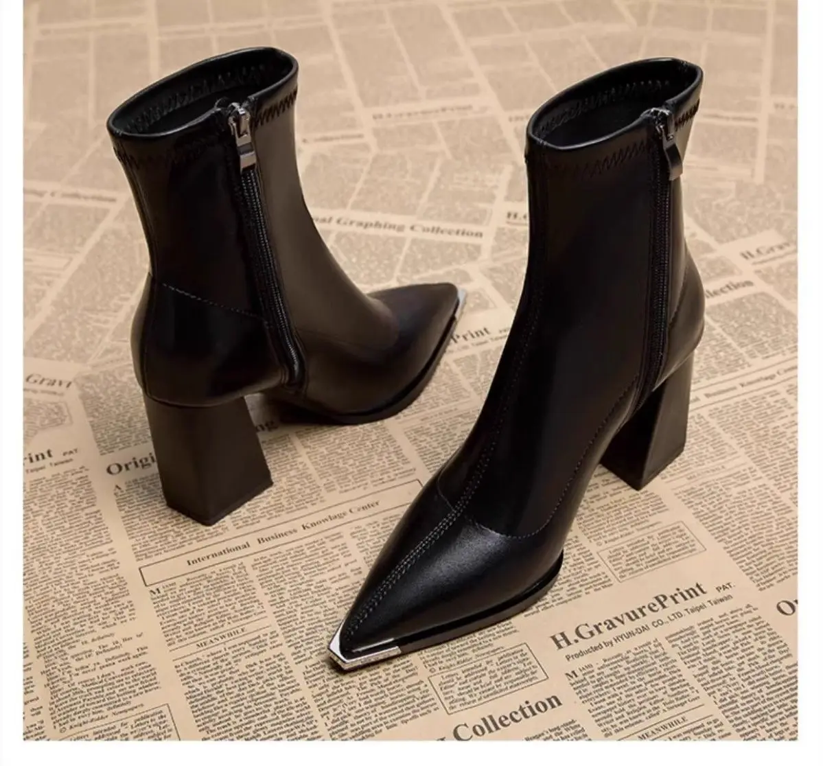 Damen Stiefeletten Blockabsatz High Heel Metallspitze Spitzer Zehenbereich Kurze Stiefel Reißverschluss PU Leder Herbst Winter Elegante Abendschuhe Büro Halbstiefel Bequem – Detail 3