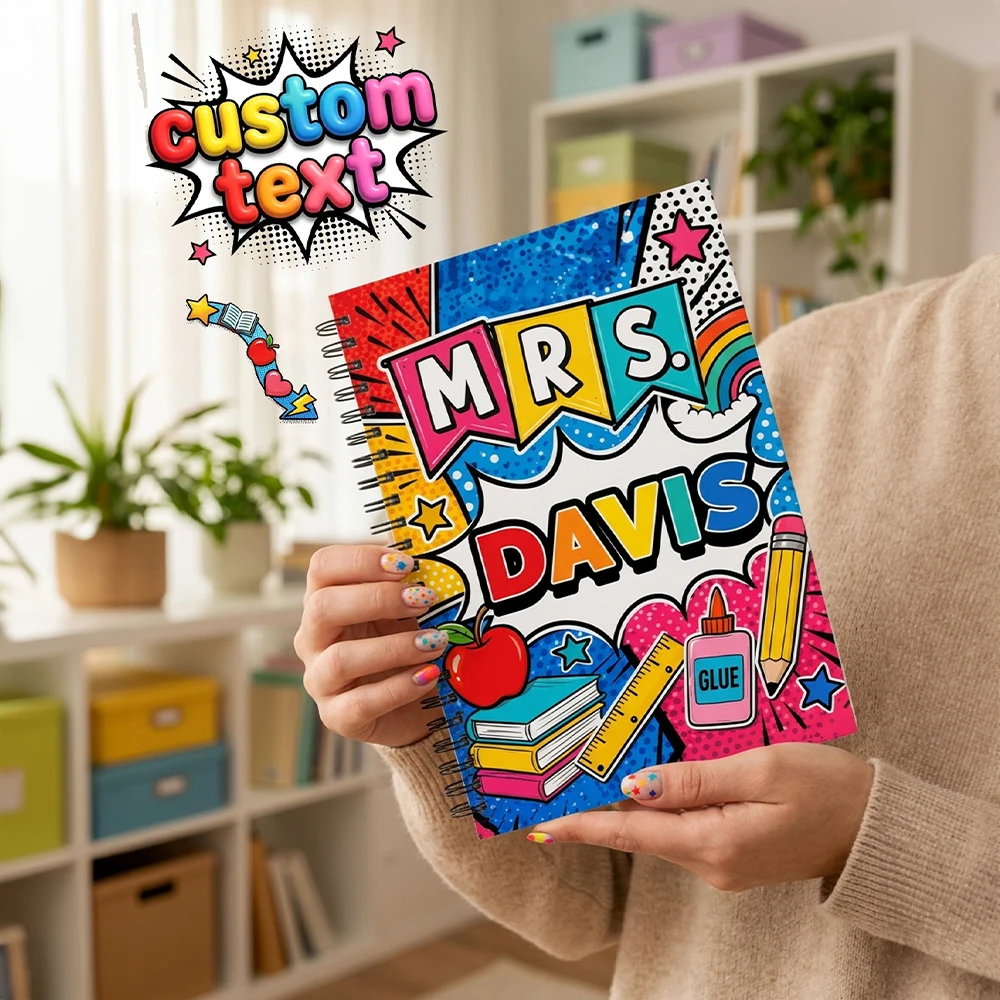 Personalized Teacher Notebook, Custom Name Pop Art Spiral Journal, Colorful Comic School Notebook, Teacher Appreciation Gift