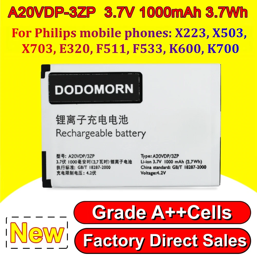 High Capacity A20VDP/3ZP Battery For Philips X223 X503 X703 E320 F511 F533 K600 K700 Mobile Phone Battery