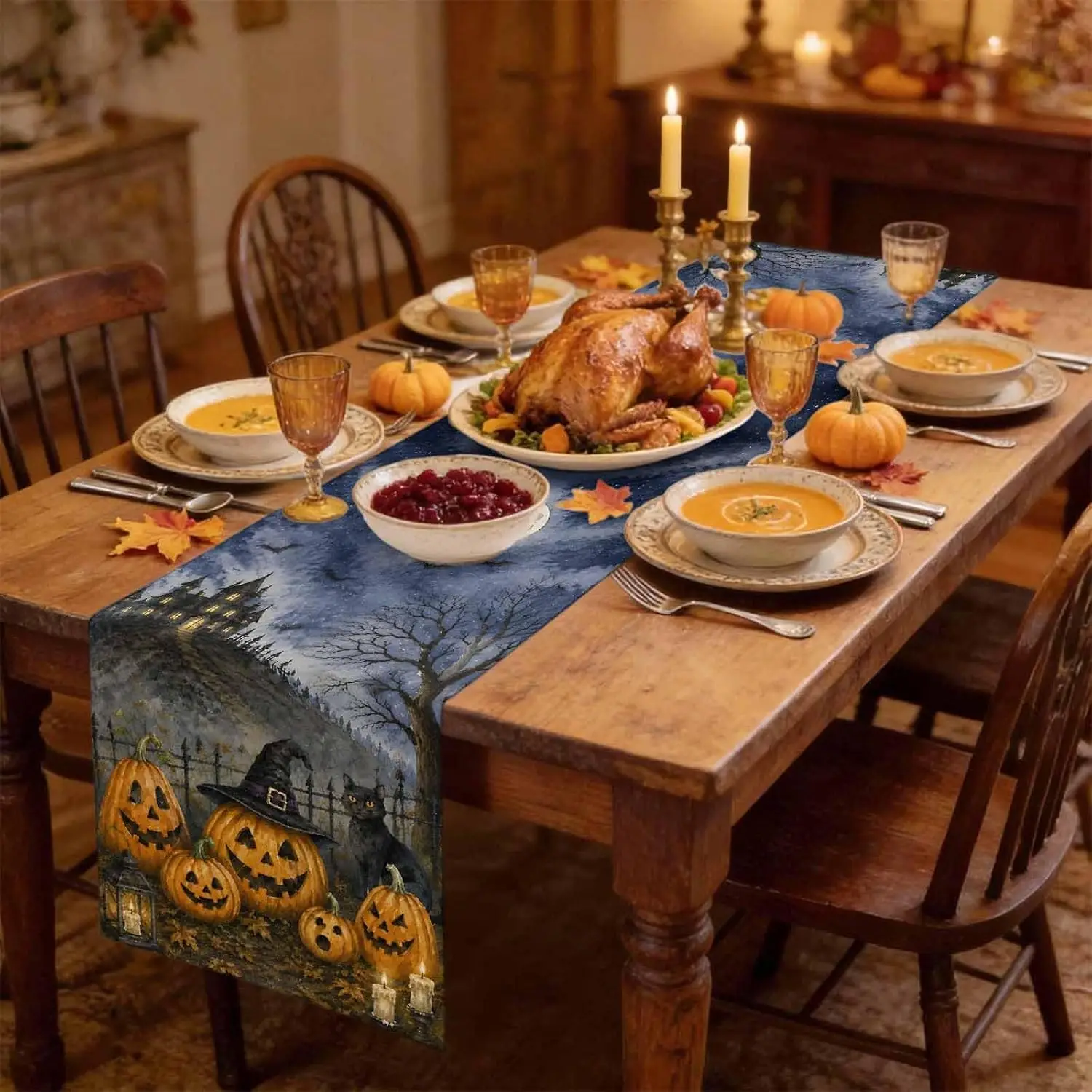 Halloween Pumpkins Black Cat Haunted Castle Linen Table Runner Home Decor Rustic Kitchen Dining Table Runners Halloween Decor