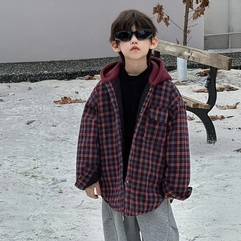 

Boys Coat 2025 Autumn Winter Korean Style Fashion Casual Patchwork Plaid Hooded Thick Warm Long Sleeve Outerwear