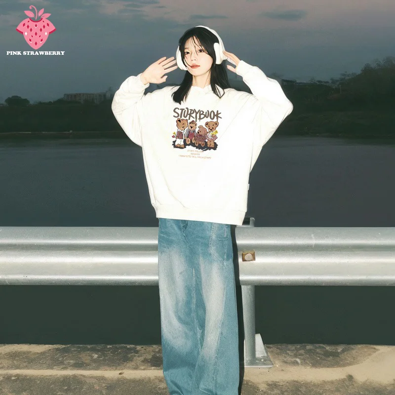 

Cartoon Bear Print Plush Sweatshirt Women Autumn Winter 2025 New Oversize O-Neck Loose Pullover Hoodie Y2K Tops kawaii clothes