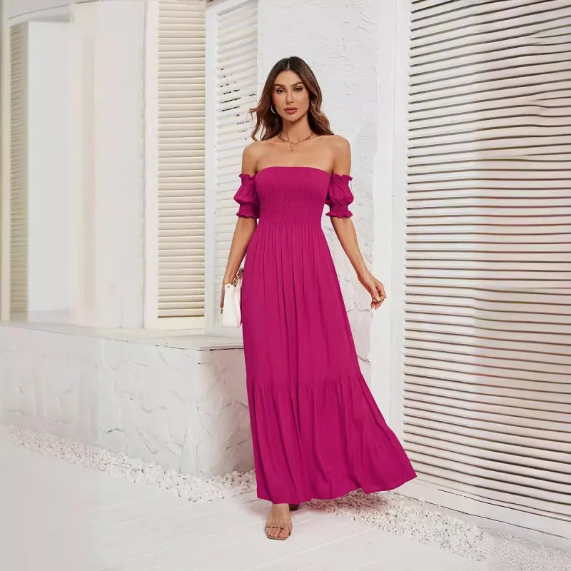 

HMR-Women's Self-Photography2024Summer New off-Shoulder Short Sleeve Backless Temperament Dress Women