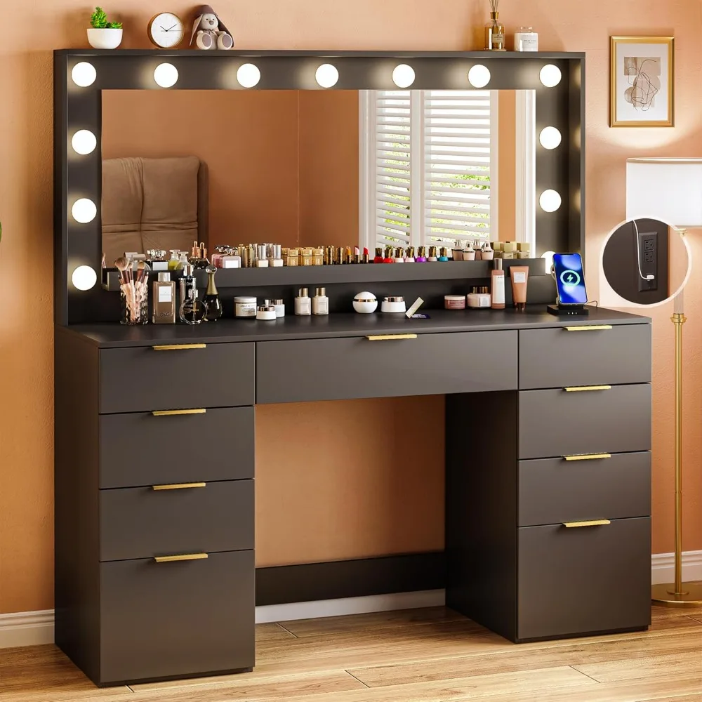 

Large Mirror and Lights, 45.3in Makeup Vanity with Power Outlet 9 Drawers & Storage, 3 Lighting Color Adjustable Vanity Desk