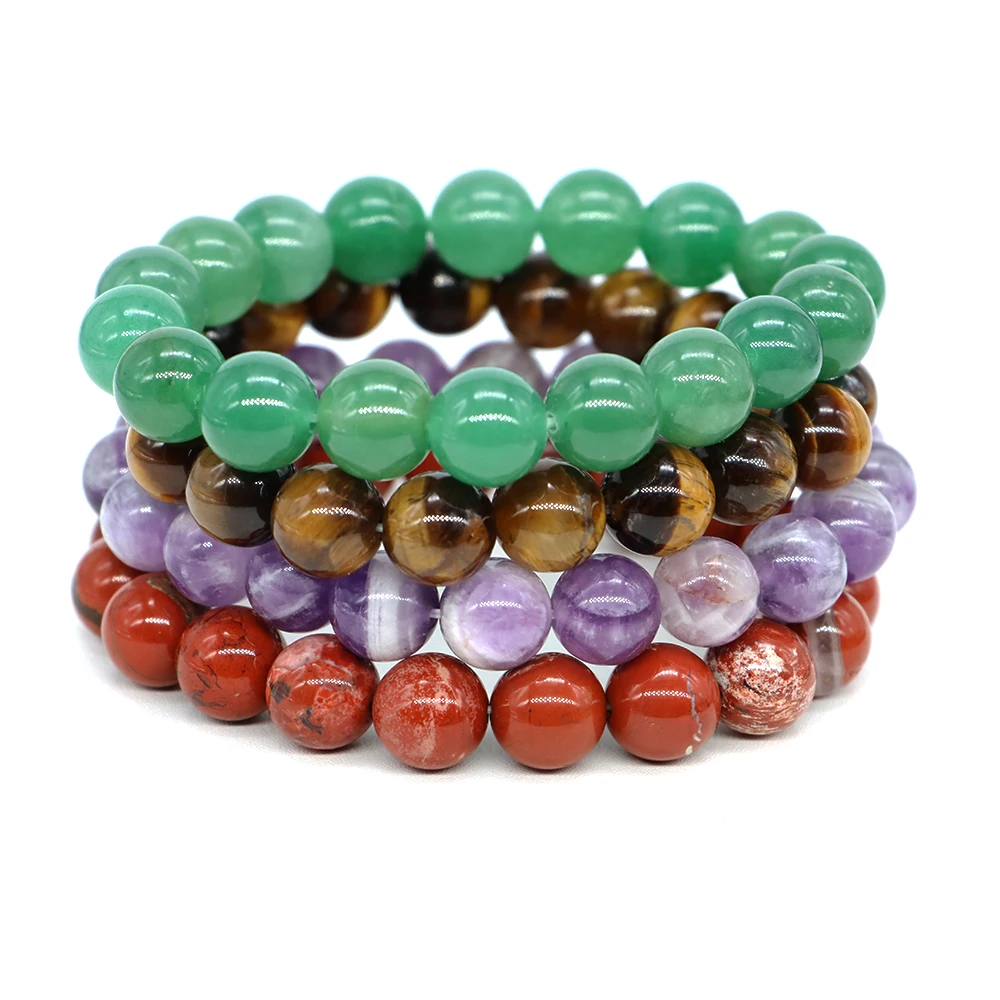 1pc Polished Round Beads Bracelet Natural Stones Tiger Eye Volcanic Lava Amethyst Healing Crystal Wrist Chain Women Men Jewelry