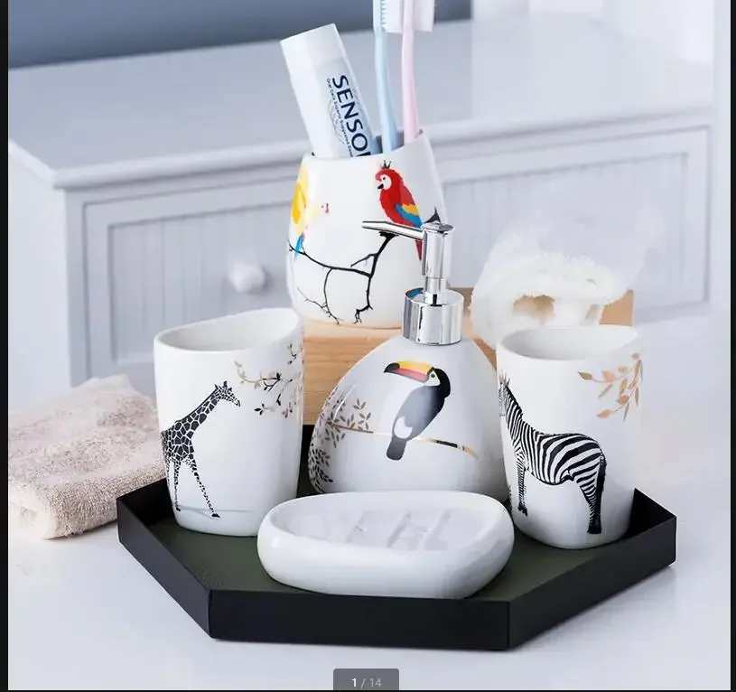 

Ceramics Bathroom Accessories Set Animal Soap Dispenser/Lotion Bottle/Toothbrush Holder/Tumbler/Soap Dish Bathroom Products