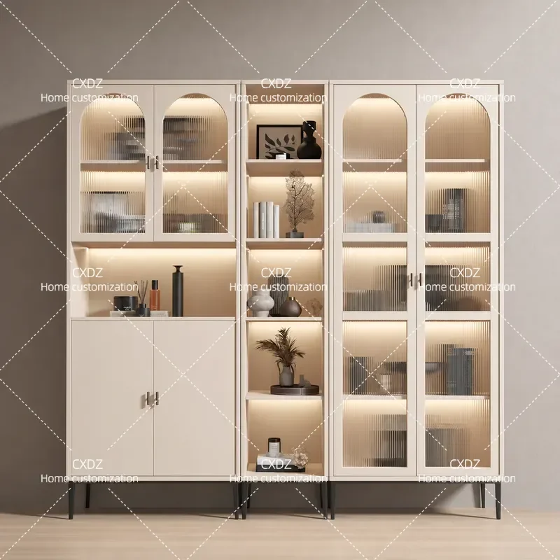 Solid Wood Bookcase Against Wall with Glass Door Dustproof Display Cabinet Locker for Office Home Storage High End Light