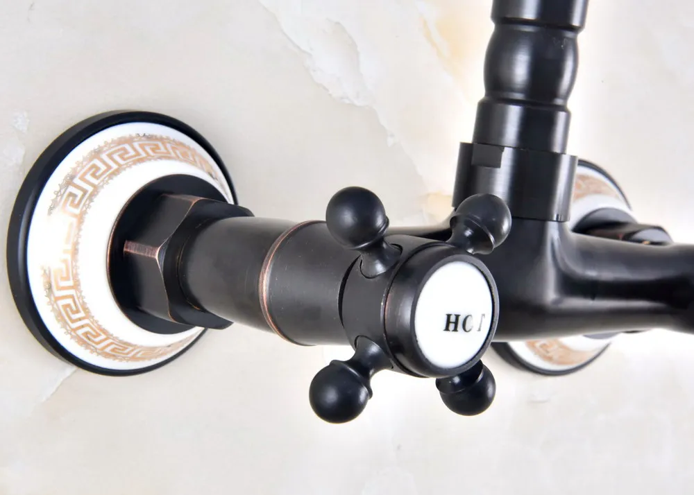 สีดําน้ํามัน Rubbed ทองเหลืองสองจับติดผนังห้องครัวห้องน้ําหมุนก๊อกน้ําก๊อกน้ําแตะ anf454