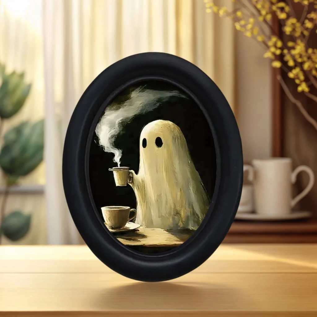 1 Piece Halloween Little Devil Drinking Coffee, Gothic Victorian Style, Oval Wooden Decorative Wall Art, Handcrafted Photo Transfer, Suitable for Home and Office Wall Decoration, Holiday Decoration, Perfect for Room Decoration