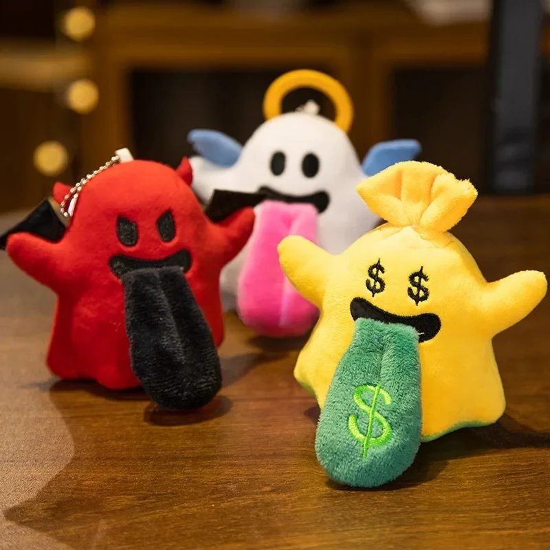 

1Pcs Hot Cute Money Devil Plush Doll Keychain Creative Funny Plush Tongue Out Angel Happy Ghost Toy Keychain Bag Pendant Gift