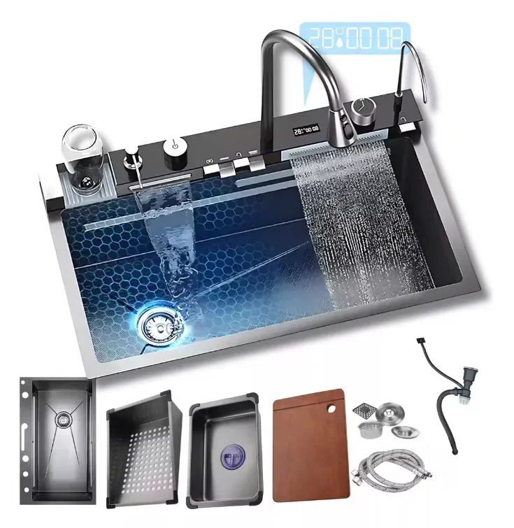 

Kitchen Sink Multifunction LED Digital Display With Pull-Out Faucet Anti-Scratch Stainless Steel Kitchen Sinks
