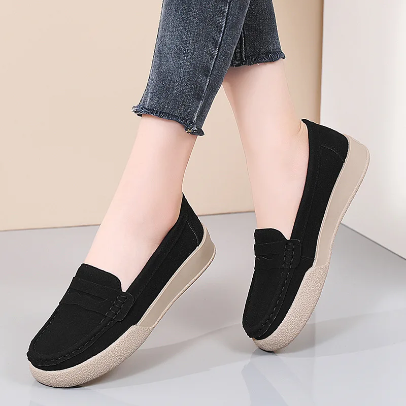 Fashion 2024 Season Casual British Cow Suede Doudou Flats Wedges Platform Loafers Shoes For Women Chaussure Femme Zapatos Mujer