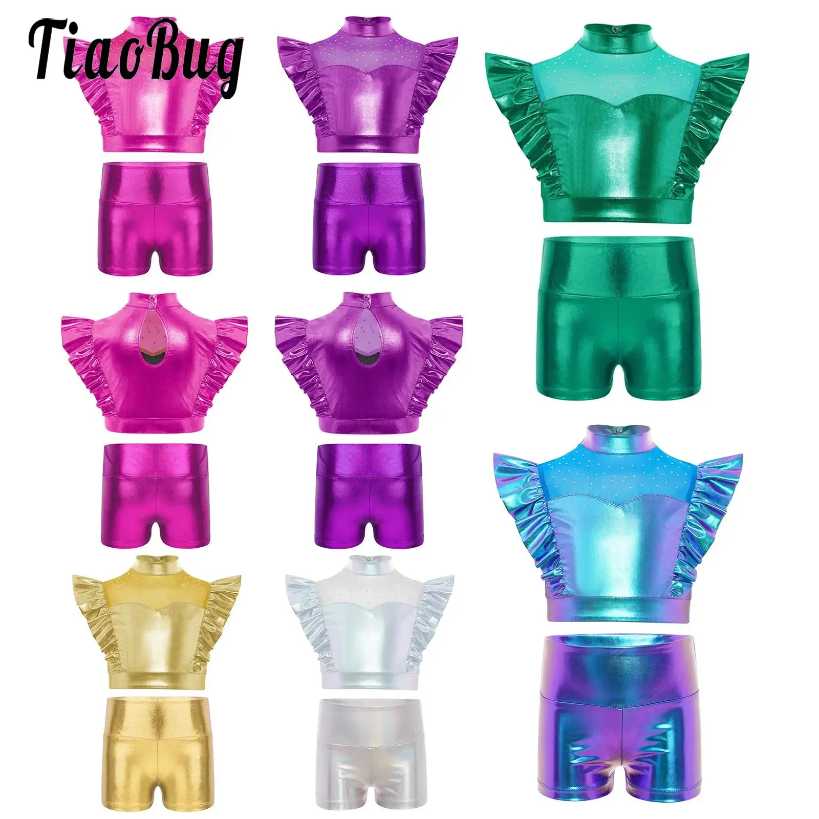 

Kid Girls Jazz Modern Dance Outfit Mock Neck Mesh Patchwork Sleeveless Crop Top Shorts Set Cheerleader Dance Performance Costume