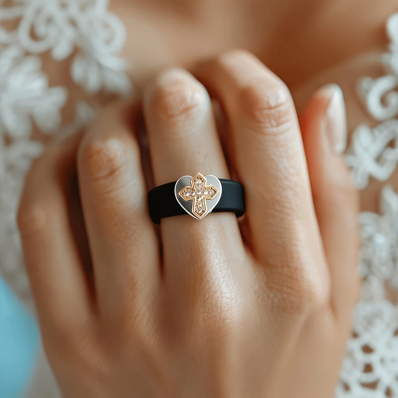 1pc 14K Golden Plated  Heart-shaped Cross Silicone Ring,Promise Ring, Couple's Ring, Perfect For Everyday Wear