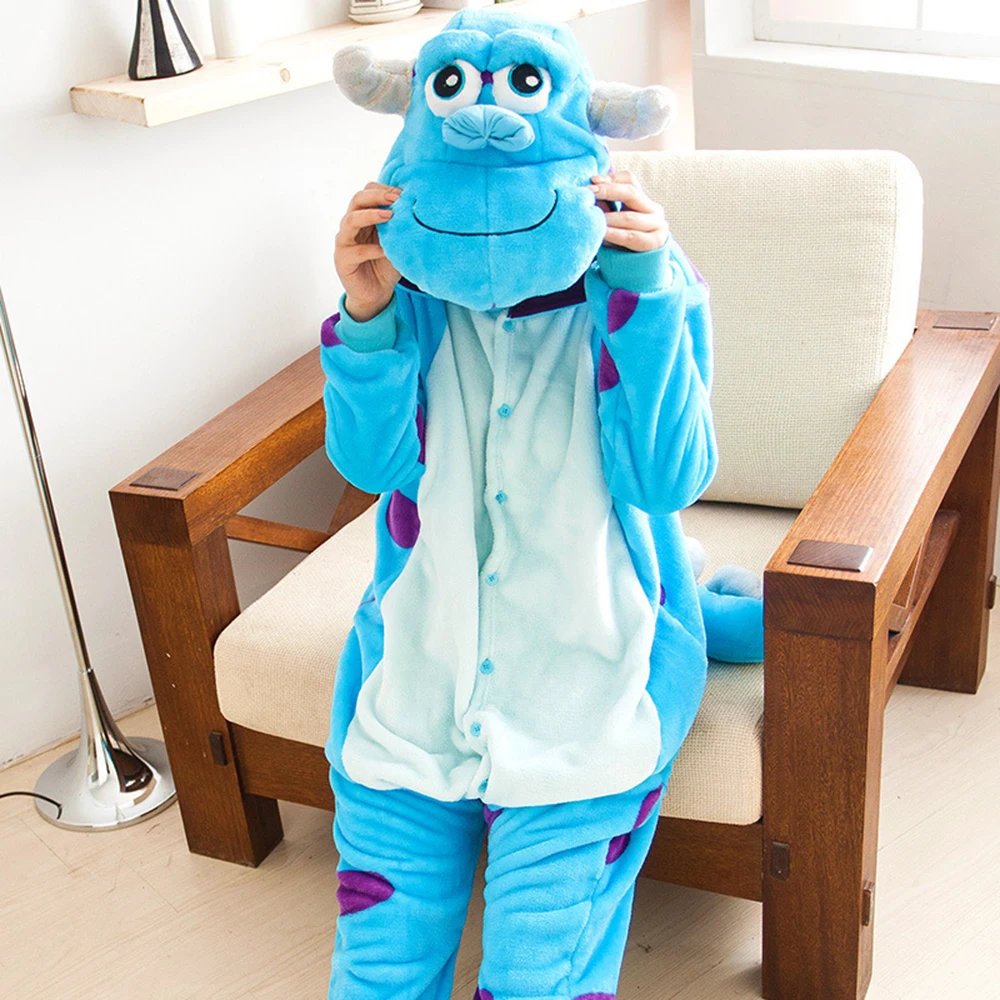 Blue Cow One-Piece Pajamas Jumpsuit Women Winter Sleepwear Onesies Nightgown Flannel Anime Cartoon Kigurumi Adult Homewear