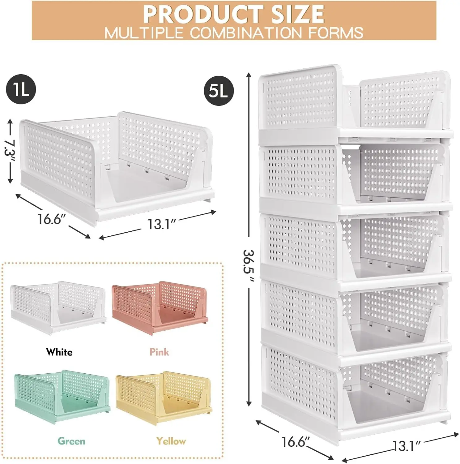 5-Pack Stackable Storage Baskets, Foldable Organizer for Closet & Home, Waterproof White Drawers