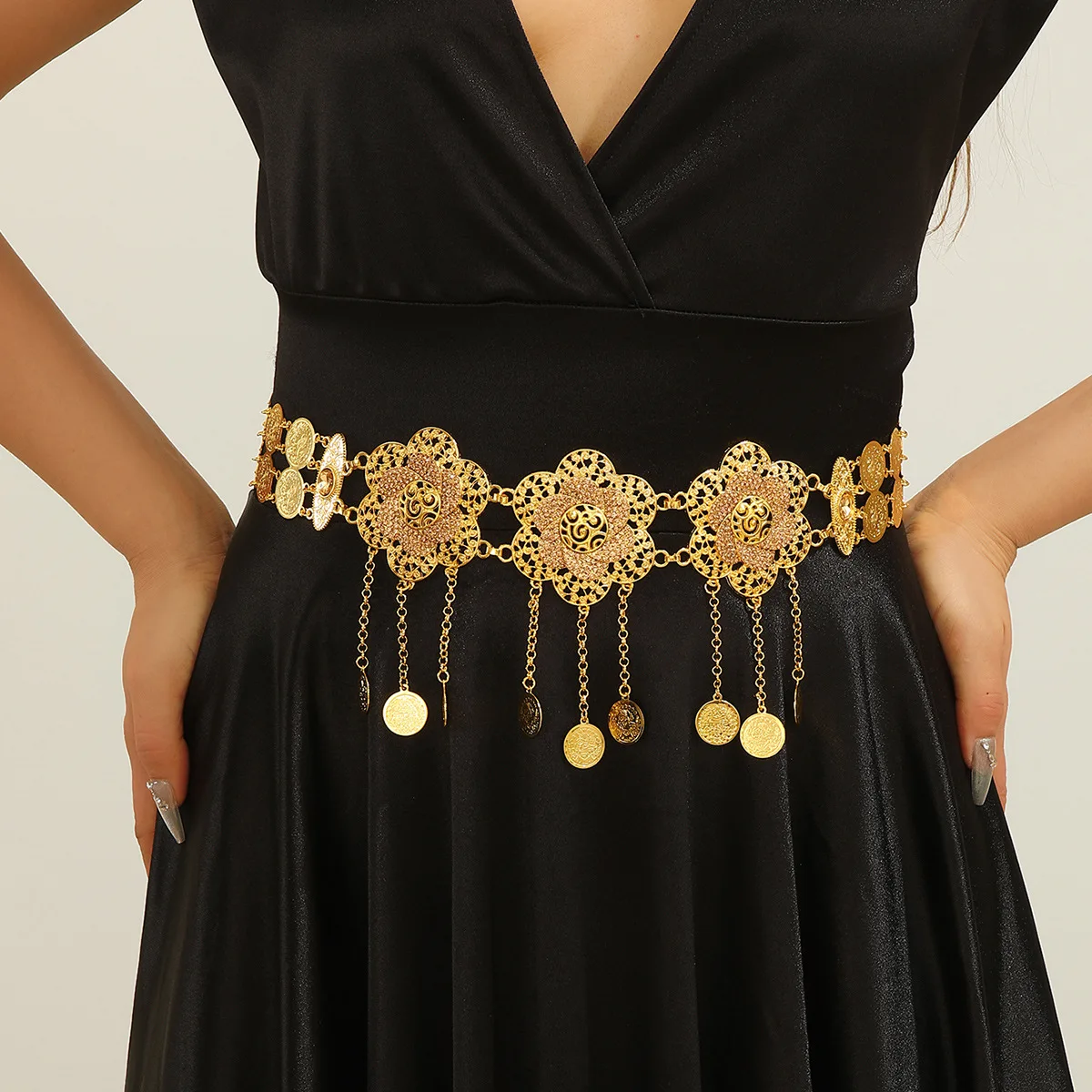 

Trendy Golden Alloy Carved Long Coins Flower Tassel Belt for Women Party India Vacation Waist Belly Ethnic Body Chains Jewelry