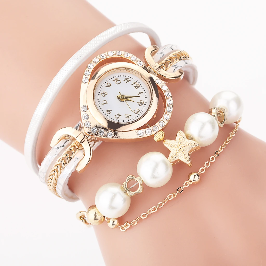 High Quality Women Bracelet Watches With Pearl Pendant  Luxury Ladies Leather Quartz Rhinestone Wristwatches Clock