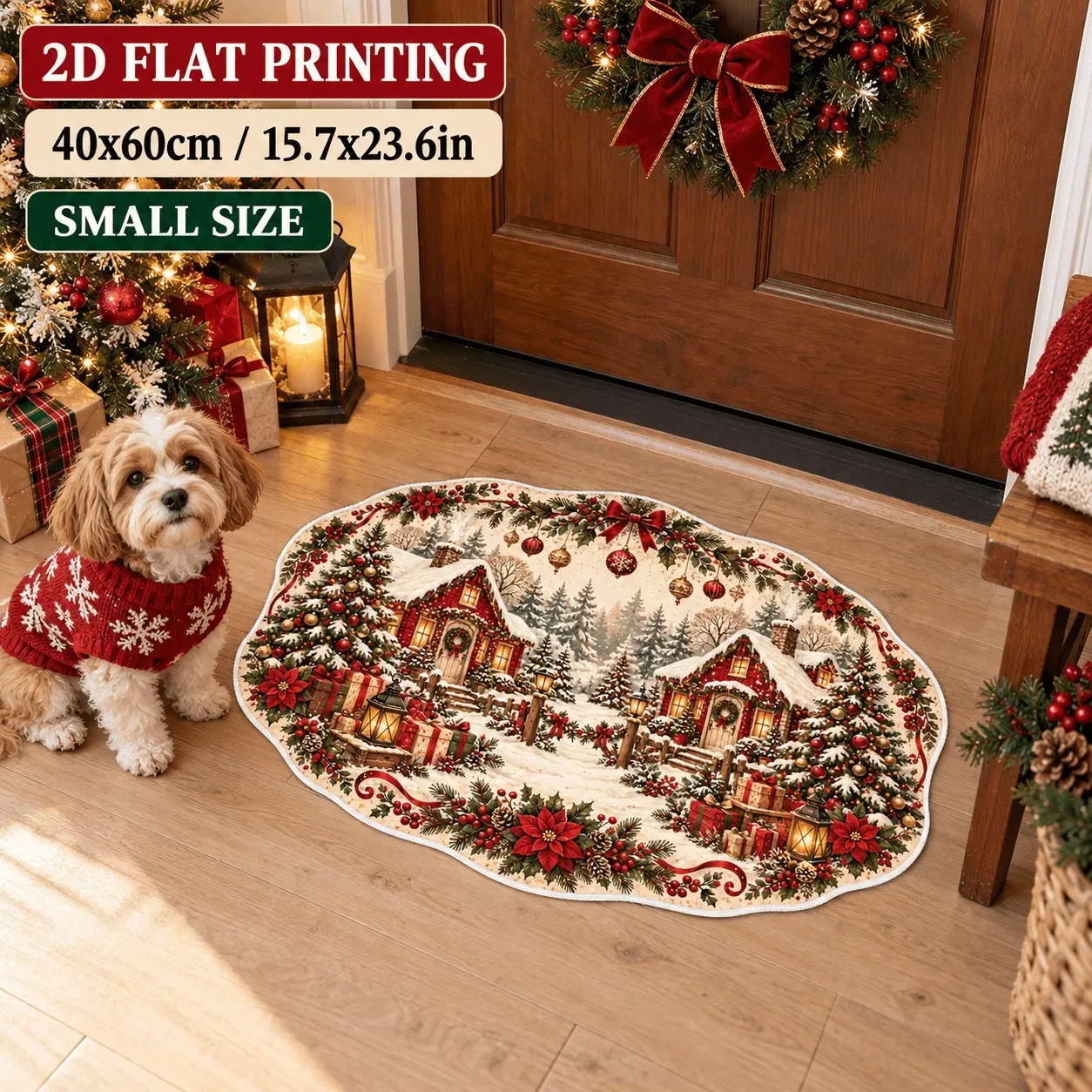 Small Size Irregular Xmas Doormat Snow Cabin Village Poinsettia Holly Berry Pattern Absorbent Anti Slip Mat For Doorway
