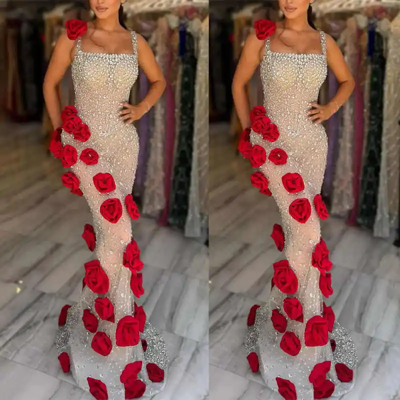 

Sparkly Square Neck Prom Dresses Sexy Sleeveless Beading Crystal Evening Dress Customized Floor Length Appliques Party Gown