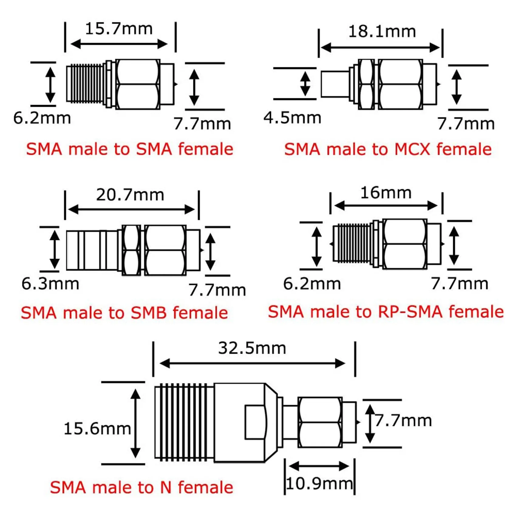 ABSK-10 Type Set SMA Adapter Kits SMA Male To N/F/BNC/UHF/MCX/SMB/TV/TNC Female Straight Nickel Gold Plated Test Converter