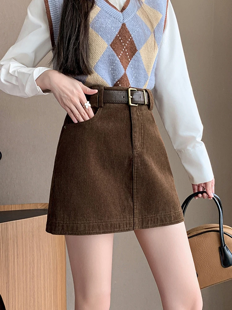 

2025 Winter Corduroy Mini Skirt Women Vintage High Waist Wrap A-Line Skirts With Shorts Belt Streetwear Khaki Brown Black Faldas