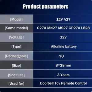 Alkalisches Spielzeug aus Dürre Batterie, alkalische Batterie, Alarm, Entfernungskontrolle, 12 V, A27, 27a, G27A, Mn27, MS27, L828, V27GA, Alk27a, A27BP, K27A, 10 Pces 6 Hauptverkauf Batterie 12V 28a - №1
